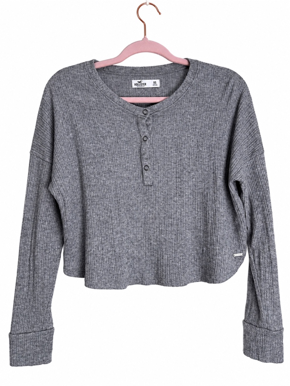 Hollister Ribbed Gray Cropped Henley Long-Sleeve Top Size XS